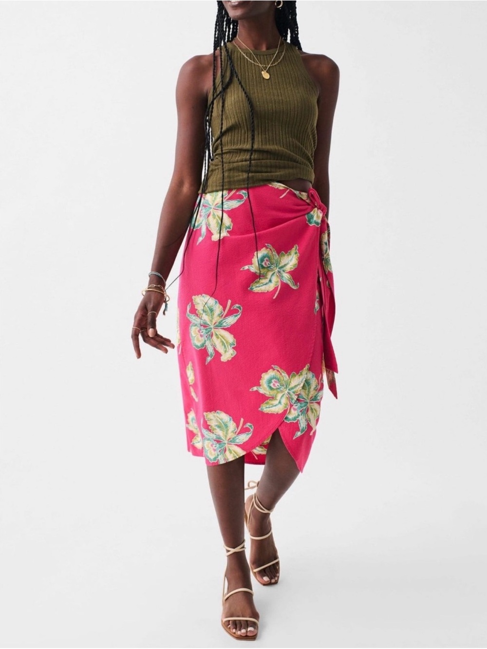 Faherty Pacifica Seersucker Wrap Midi Skirt Orchid Blossom XS Pink Fuchsia